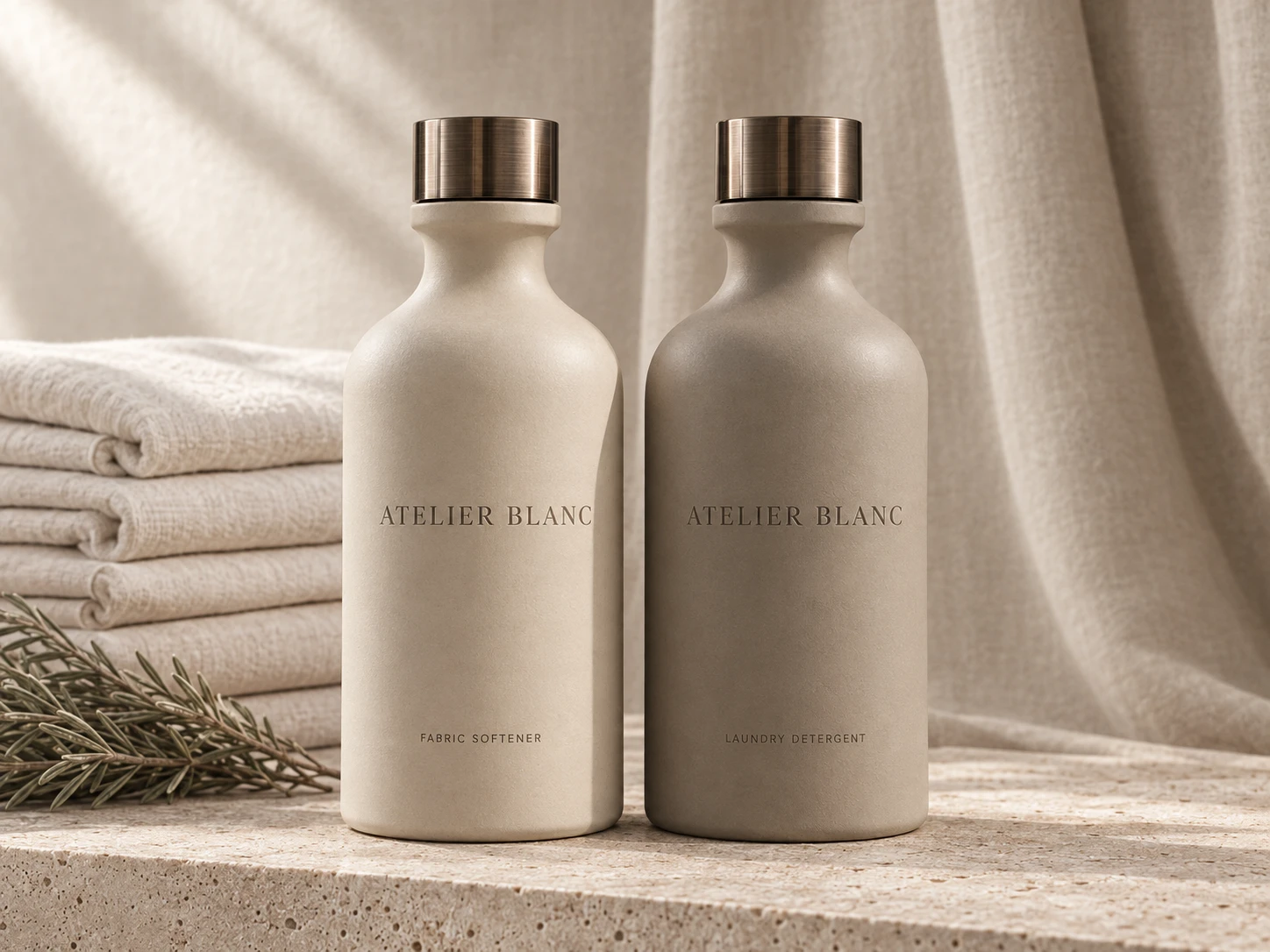 Atelier Blanc refillable fabric softener and laundry detergent bottles with brushed metal caps, styled with ivory linen on travertine