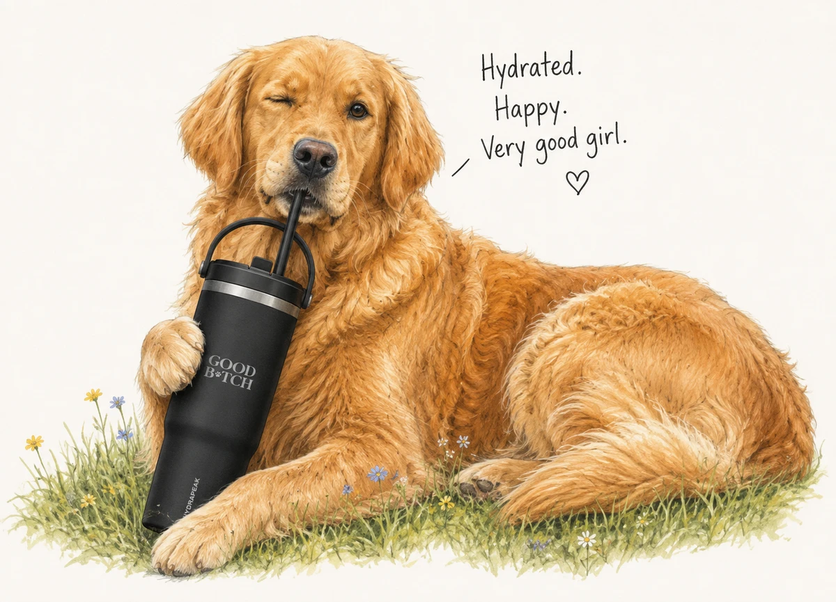 Hopie Joy illustration with the black GOOD B*TCH tumbler and the words Hydrated. Happy. Very good girl.