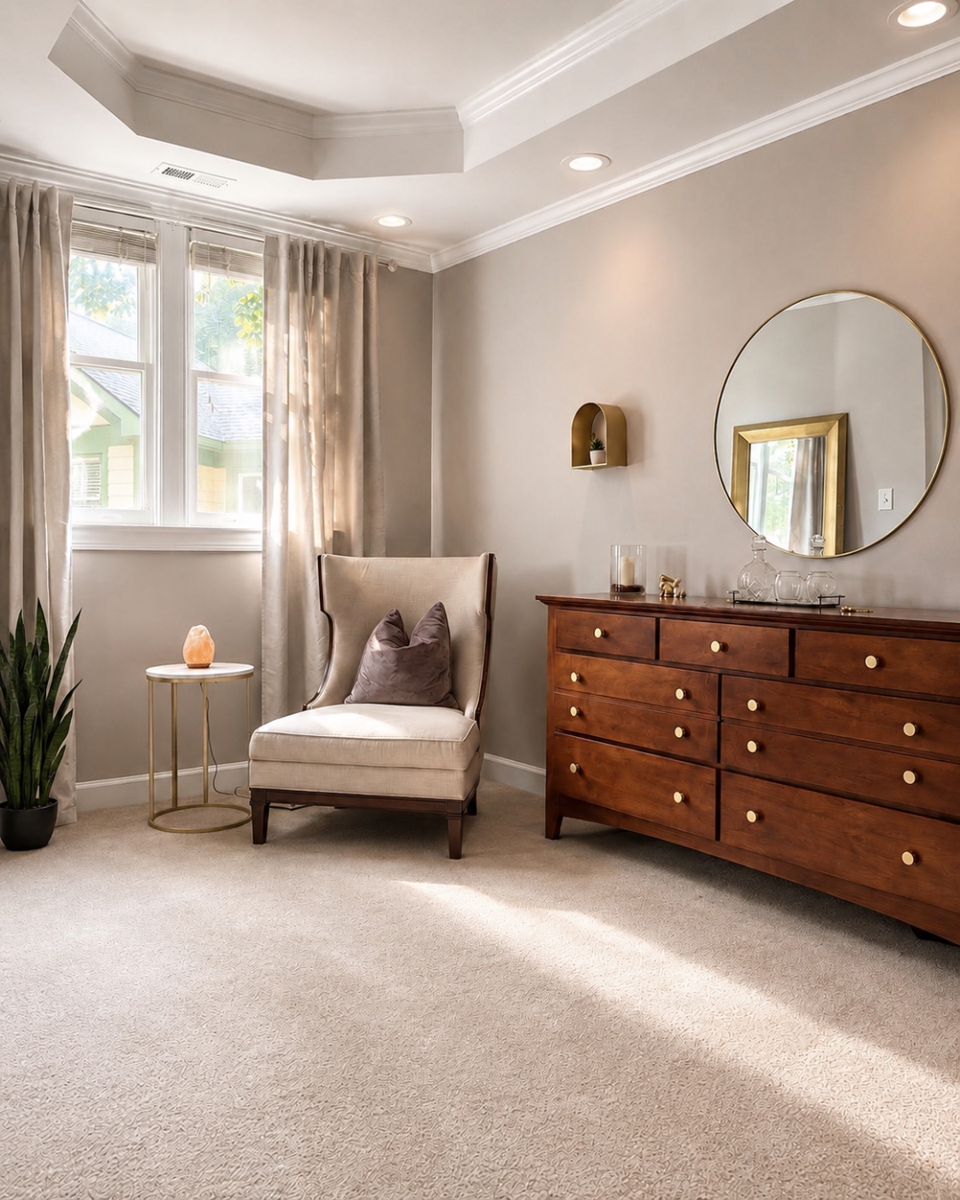 Primary suite sitting area with wingback chair, dresser, and round mirror