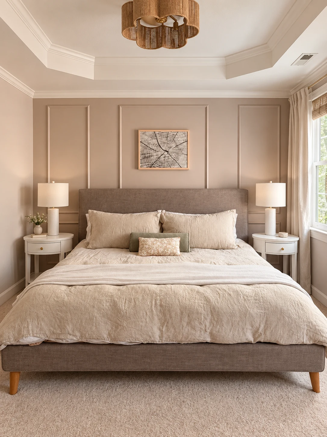 The Lost Poet's newly refreshed primary suite with panelled walls and cream bedding