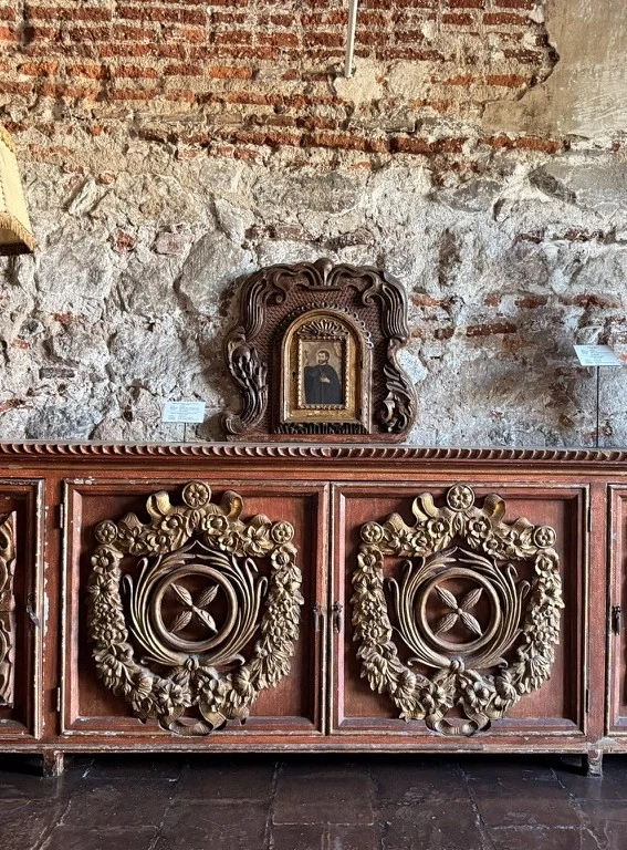 Carved wood and stone details in a country interior