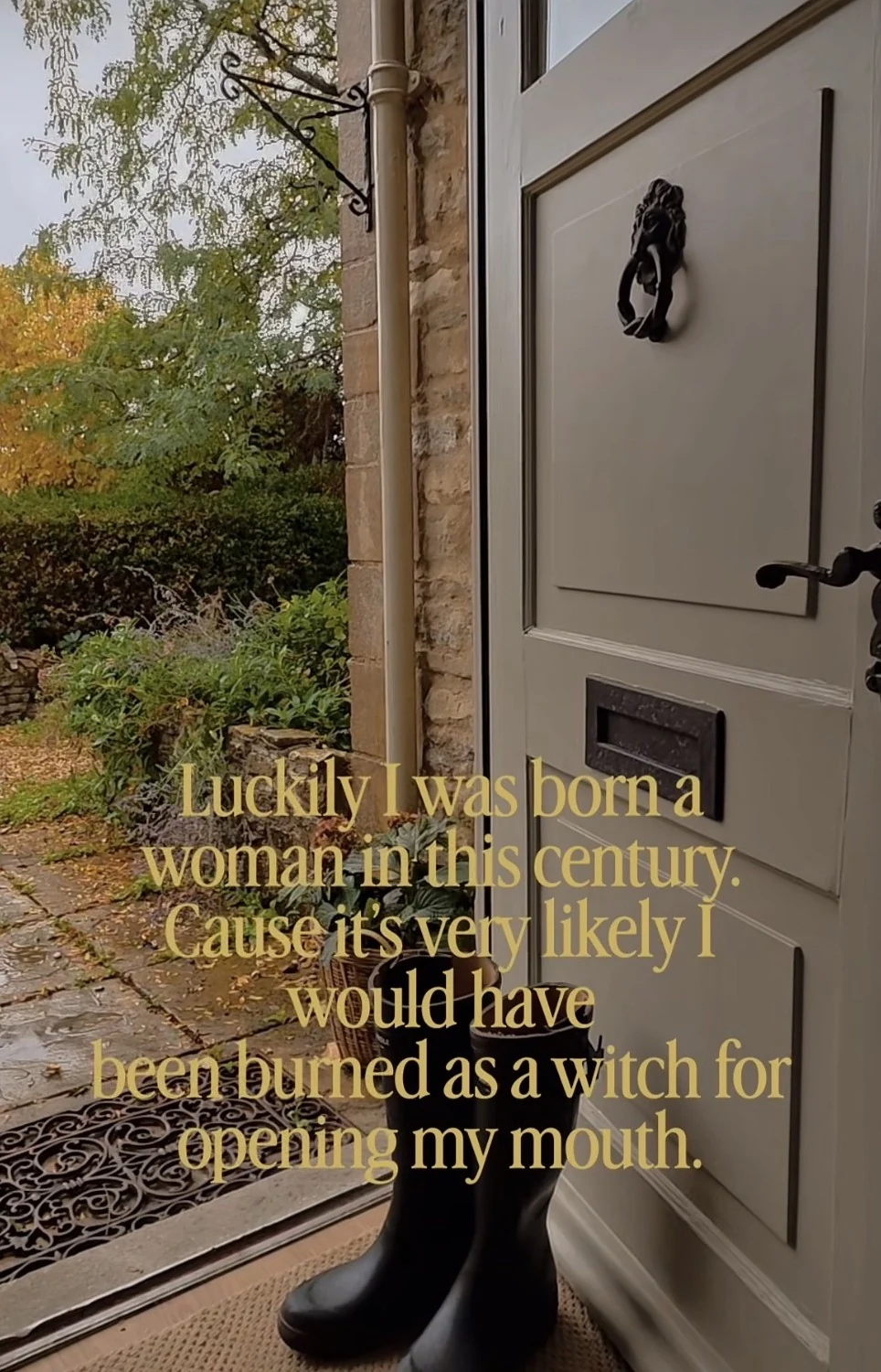 Still from April’s cottage Reel, showing wellies beside an open door and autumn leaves