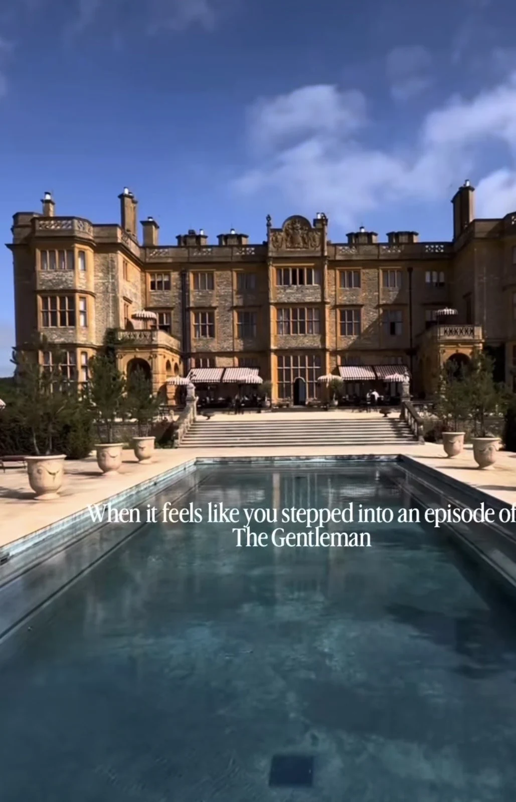 Still from April’s Estelle Manor Reel, showing the country house and swimming pool