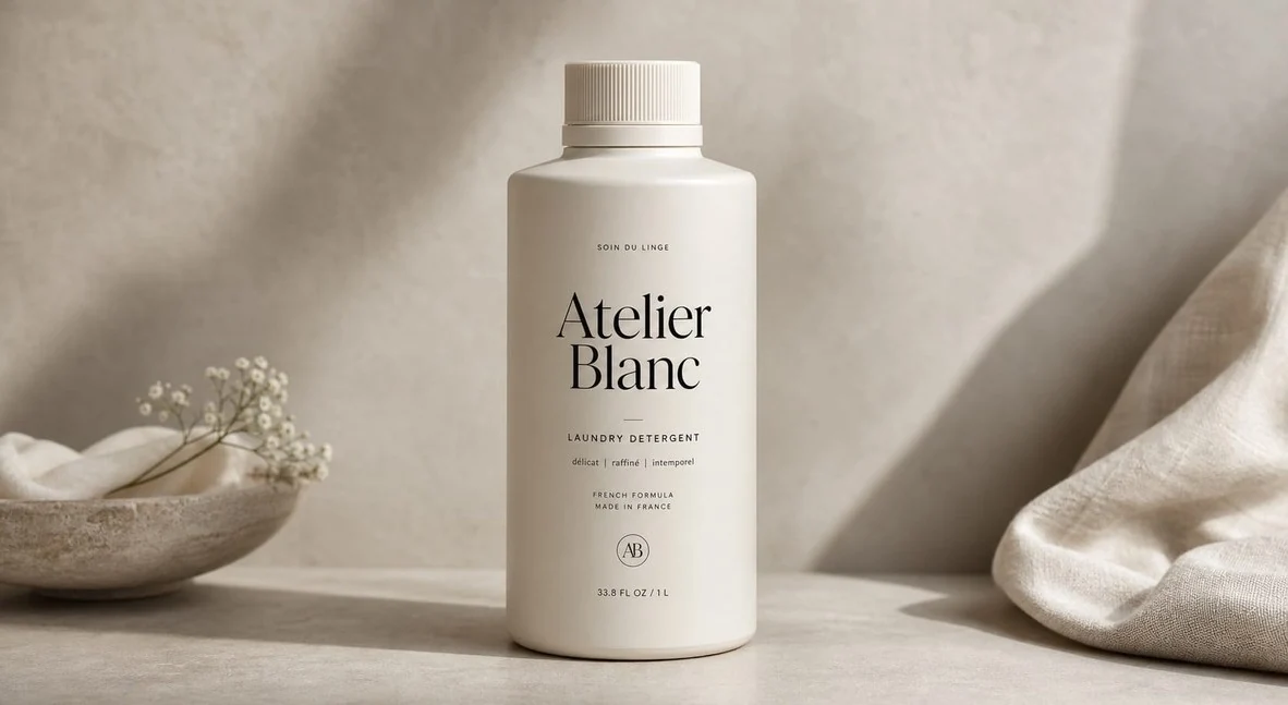 An Atelier Blanc bottle styled on soft linens
